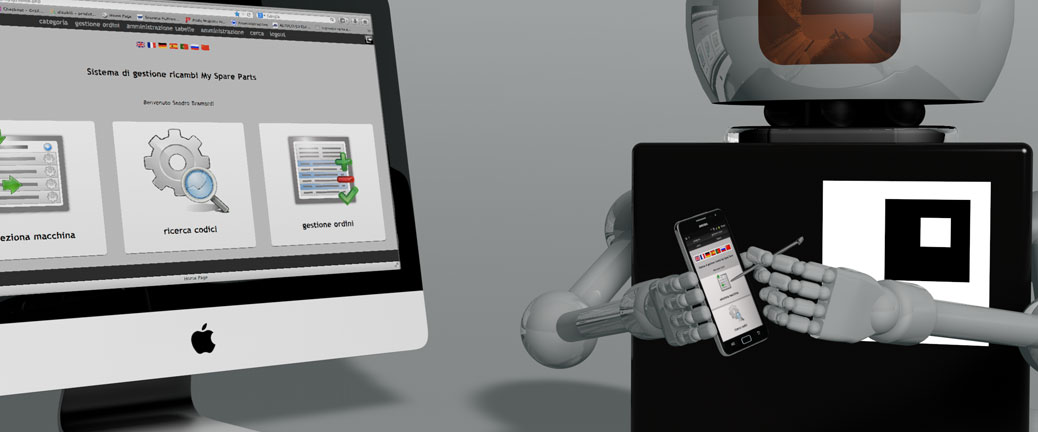 Ordinare ricambi: nell'illustrazione My Spare Parts Robot presenta l'interfaccia e ordina i ricambi su smart phone e su computer desktop.
